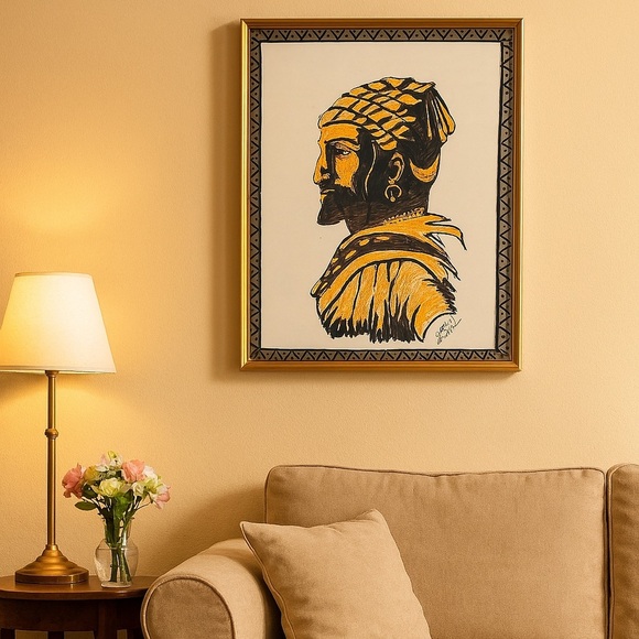 Indian Warrior Portrait Art Hand-Drawn Ink & Crayon Sketch Tribal Style Wall - Picture 1 of 7